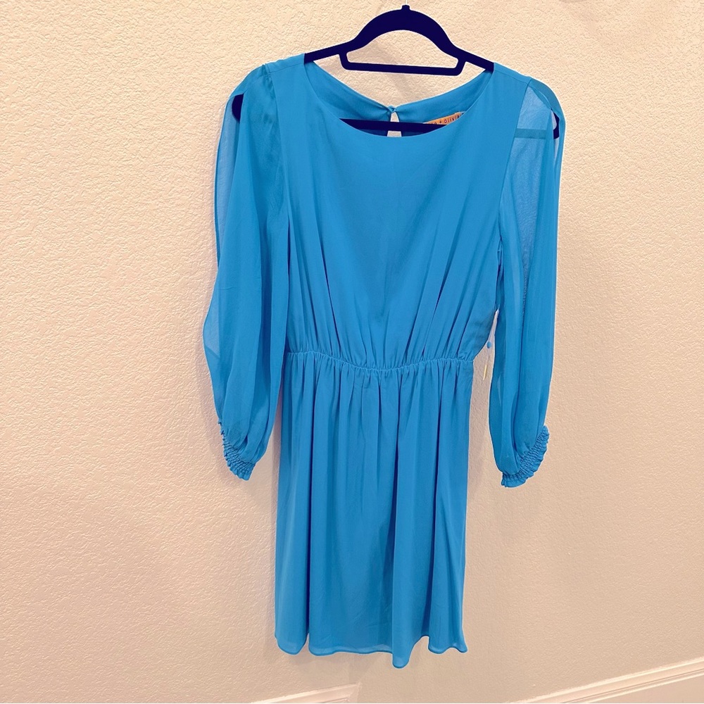 Alice & Olivia Tasha Silk Mini Dress Split Sleeve S Aqua